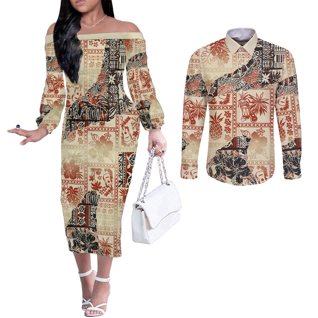 Hawaii Couples Matching Off The Shoulder Long Sleeve Dress and Long Sleeve Button Shirt Aloha Tribal Pattern Beige Version LT9 Beige - Polynesian Pride