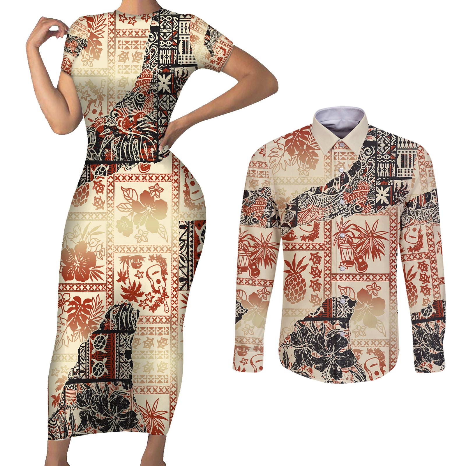 Hawaii Couples Matching Short Sleeve Bodycon Dress and Long Sleeve Button Shirt Aloha Tribal Pattern Beige Version LT9 Beige - Polynesian Pride