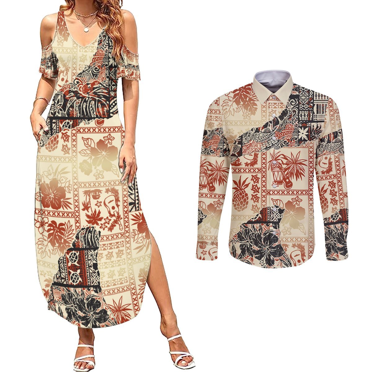 Hawaii Couples Matching Summer Maxi Dress and Long Sleeve Button Shirt Aloha Tribal Pattern Beige Version LT9 Beige - Polynesian Pride