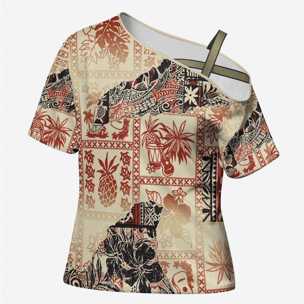 Hawaii Beige Version Cross Shoulder Shirt Aloha Tribal Pattern - Polynesian Pride