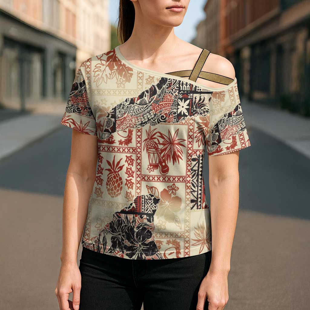 Hawaii Beige Version Cross Shoulder Shirt Aloha Tribal Pattern - Polynesian Pride
