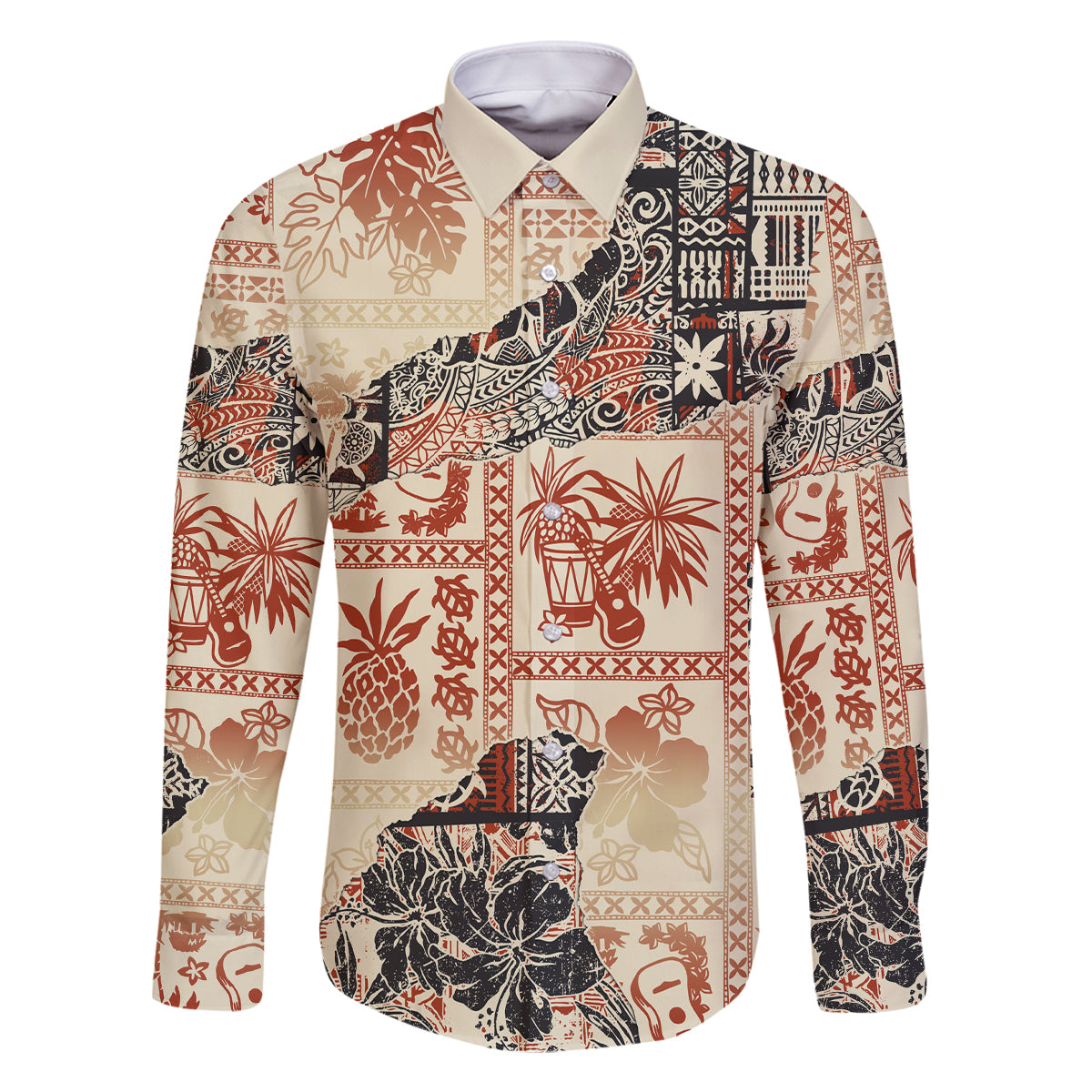 Hawaii Family Matching Tank Maxi Dress and Hawaiian Shirt Aloha Tribal Pattern Beige Version LT9 Dad's Shirt - Long Sleeve Beige - Polynesian Pride