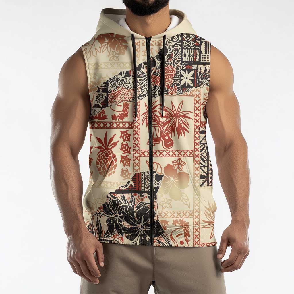 Hawaii Beige Version Sleeveless Zip Hoodie Aloha Tribal Pattern - Polynesian Pride