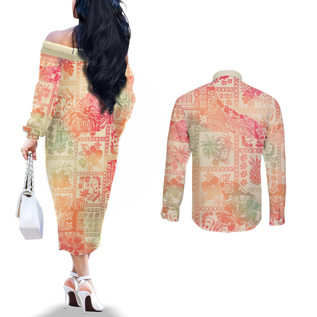 Hawaii Couples Matching Off The Shoulder Long Sleeve Dress and Long Sleeve Button Shirt Aloha Tribal Pattern Sweat Pink Ombre LT9 - Polynesian Pride