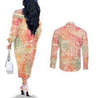 Hawaii Couples Matching Off The Shoulder Long Sleeve Dress and Long Sleeve Button Shirt Aloha Tribal Pattern Sweat Pink Ombre LT9 - Polynesian Pride