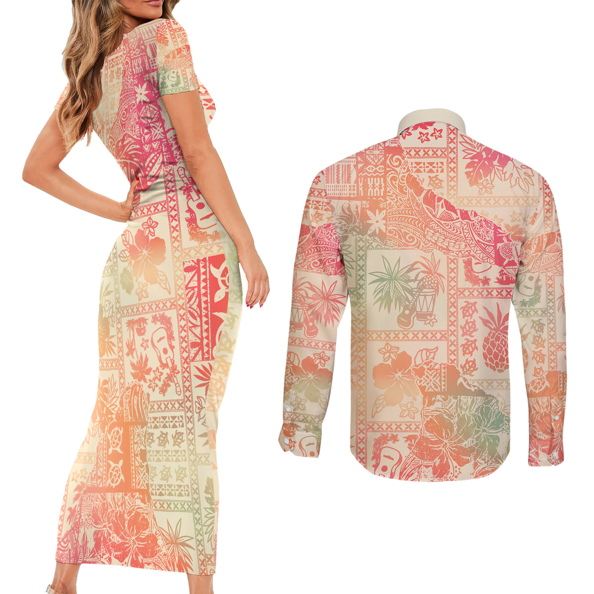 Hawaii Couples Matching Short Sleeve Bodycon Dress and Long Sleeve Button Shirt Aloha Tribal Pattern Sweat Pink Ombre LT9 - Polynesian Pride