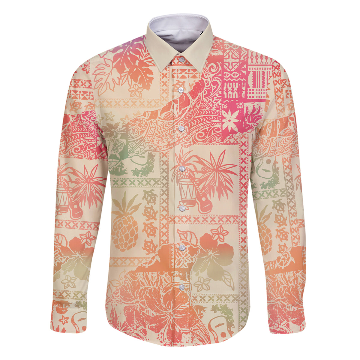 Hawaii Family Matching Off Shoulder Maxi Dress and Hawaiian Shirt Aloha Tribal Pattern Sweat Pink Ombre LT9 Dad's Shirt - Long Sleeve Pink - Polynesian Pride