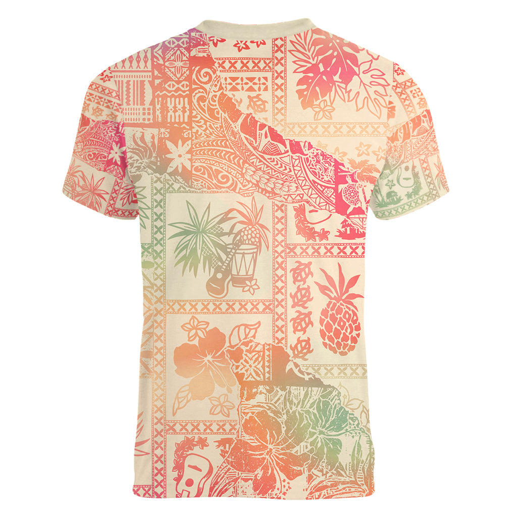 Hawaii Women V Neck T Shirt Aloha Tribal Pattern Sweat Pink Ombre LT9 - Polynesian Pride