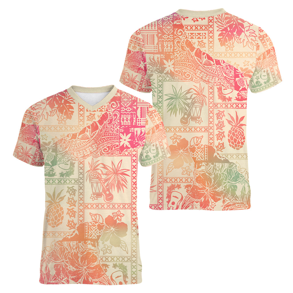 Hawaii Women V Neck T Shirt Aloha Tribal Pattern Sweat Pink Ombre LT9 - Polynesian Pride
