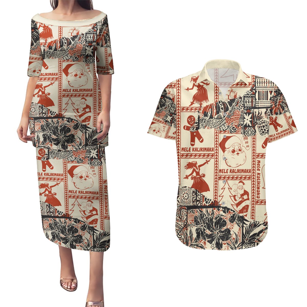 Aloha Hawaii Christmas Couples Matching Puletasi Dress and Hawaiian Shirt Mele Kalikimaka Tapa Tribal Retro Style LT9 Beige - Polynesian Pride