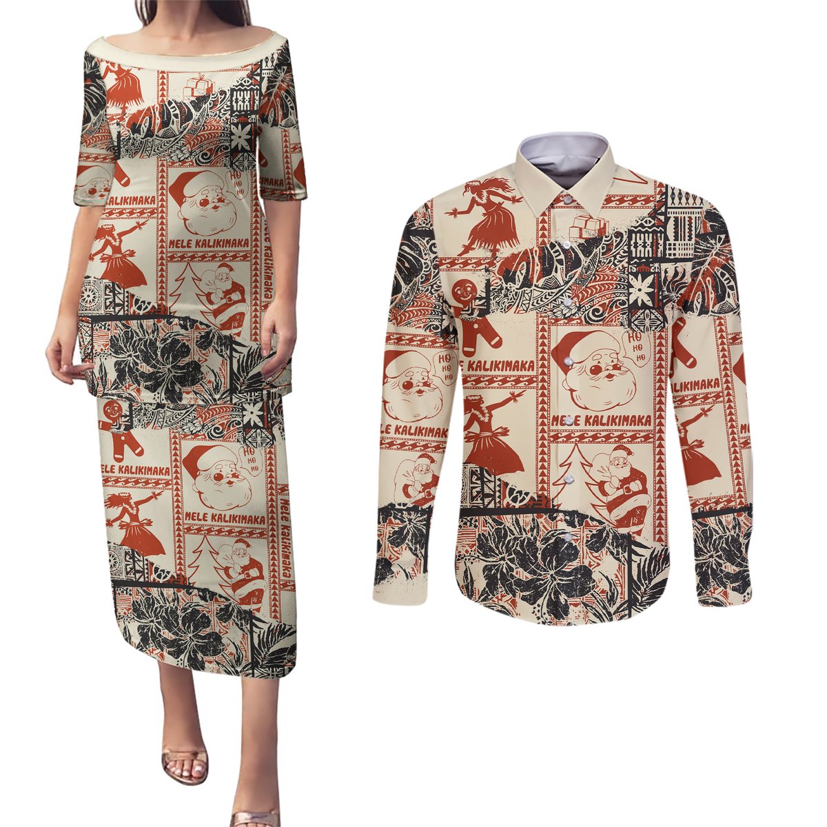 Aloha Hawaii Christmas Couples Matching Puletasi Dress and Long Sleeve Button Shirt Mele Kalikimaka Tapa Tribal Retro Style LT9 Beige - Polynesian Pride