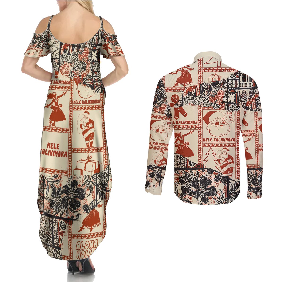 Aloha Hawaii Christmas Couples Matching Summer Maxi Dress and Long Sleeve Button Shirt Mele Kalikimaka Tapa Tribal Retro Style LT9 - Polynesian Pride