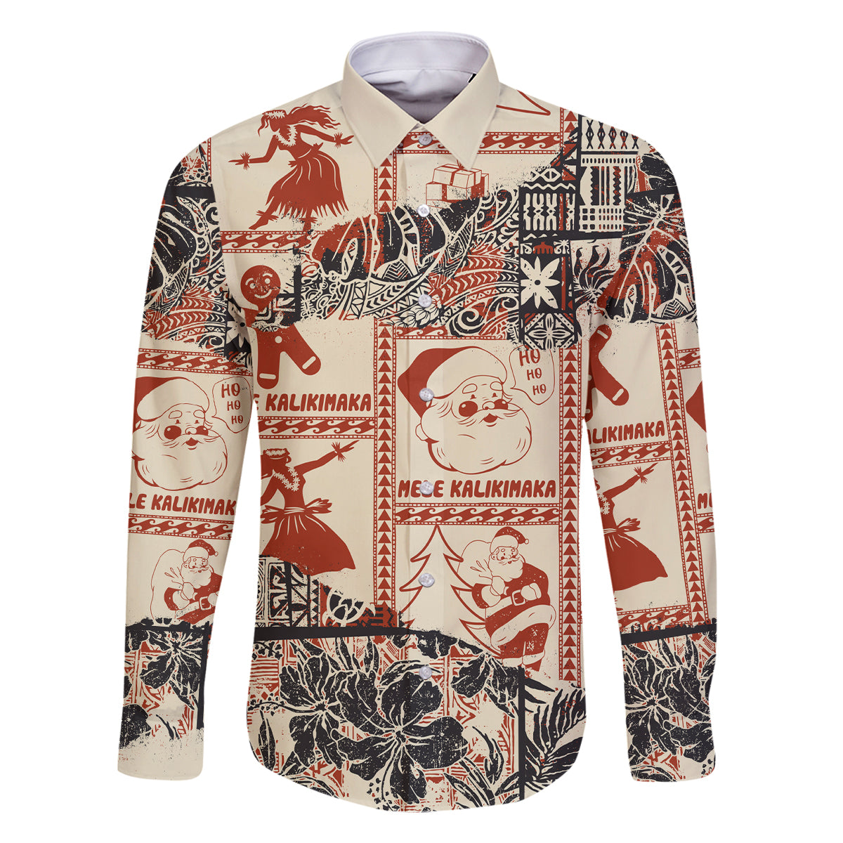 Aloha Hawaii Christmas Family Matching Tank Maxi Dress and Hawaiian Shirt Mele Kalikimaka Tapa Tribal Retro Style LT9 Dad's Shirt - Long Sleeve Beige - Polynesian Pride