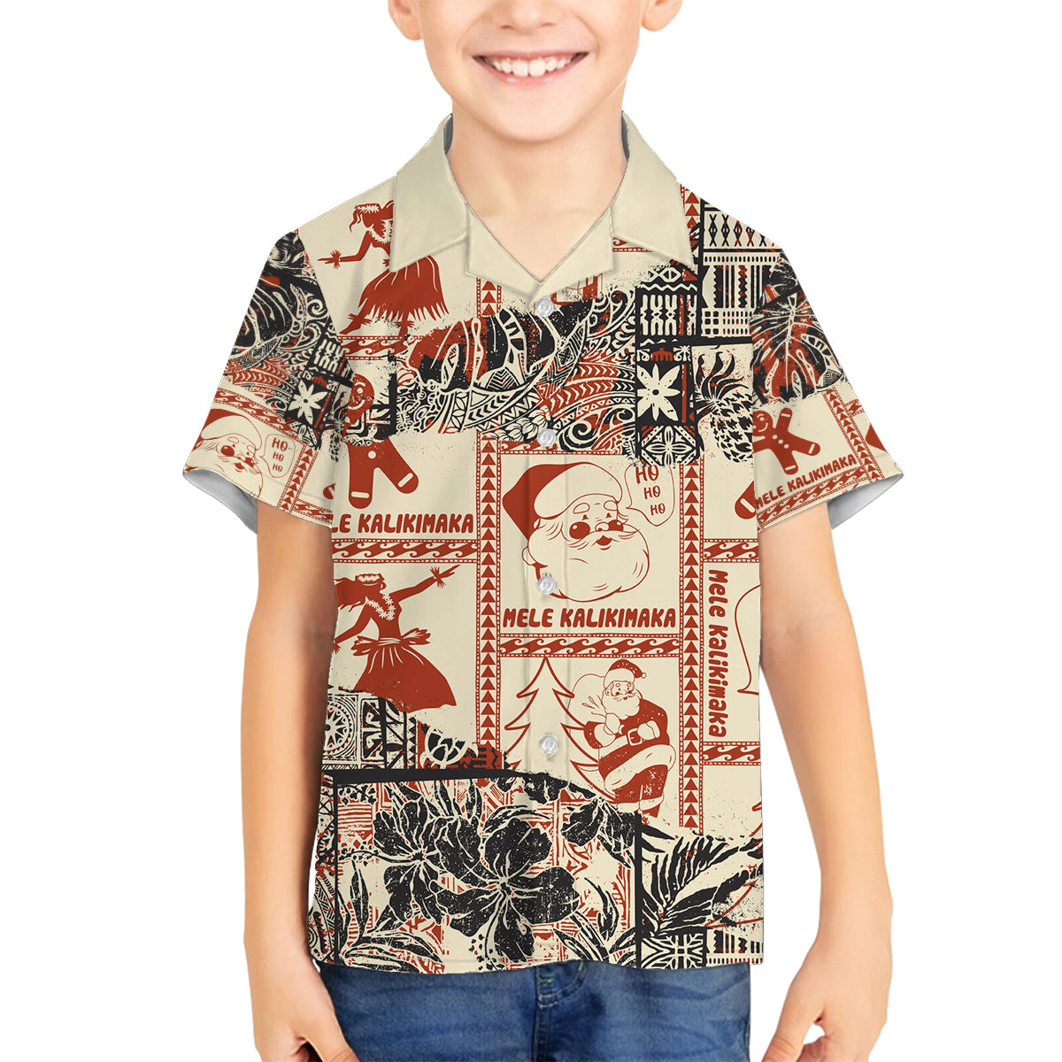 Aloha Hawaii Christmas Family Matching Tank Maxi Dress and Hawaiian Shirt Mele Kalikimaka Tapa Tribal Retro Style LT9 Son's Shirt Beige - Polynesian Pride