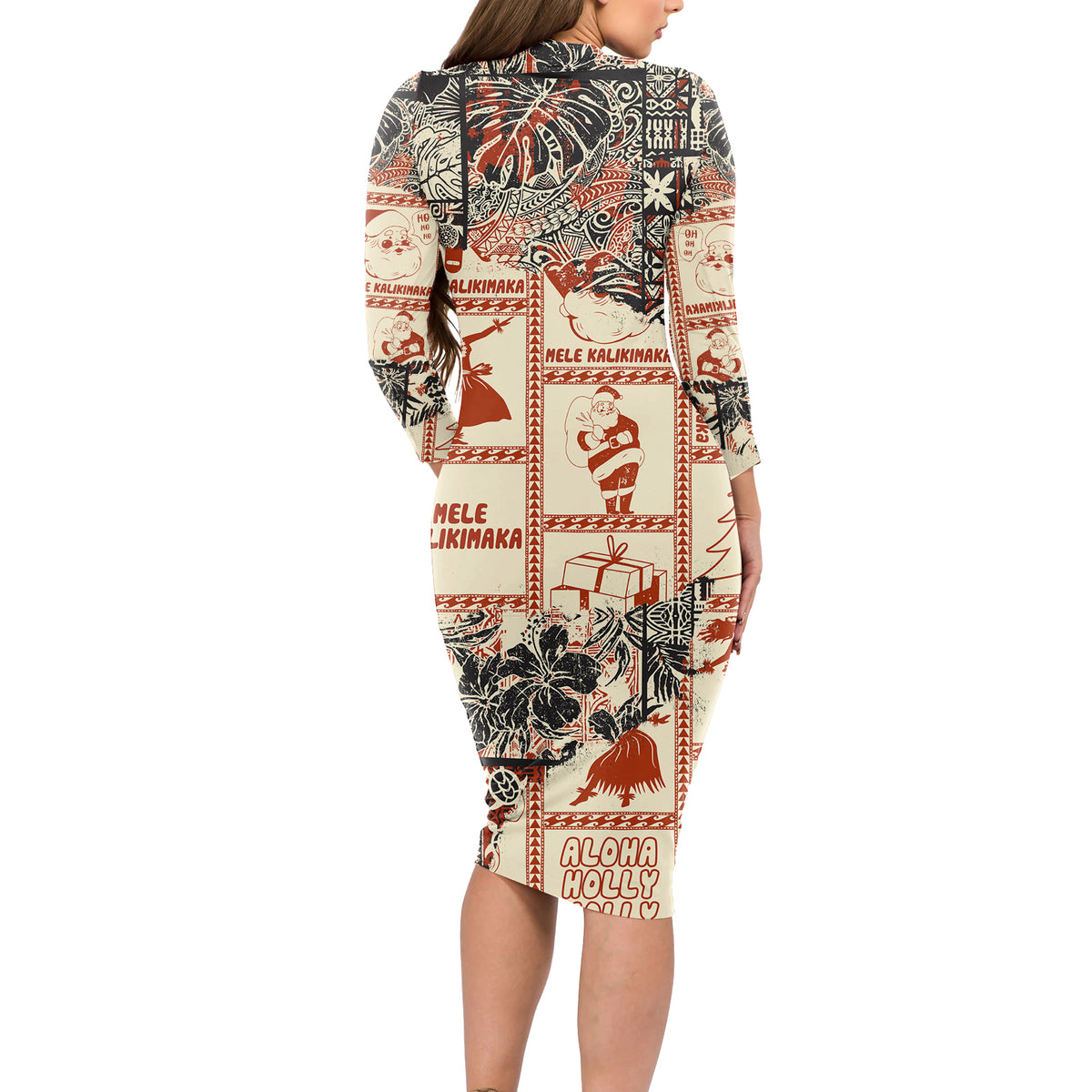 Aloha Hawaii Christmas Long Sleeve Bodycon Dress Mele Kalikimaka Tapa Tribal Retro Style LT9 - Polynesian Pride