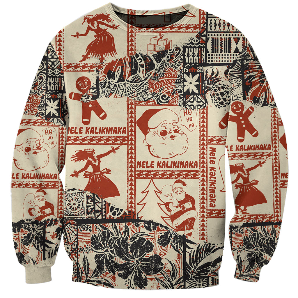 Aloha Hawaii Christmas Sweatshirt Mele Kalikimaka Tapa Tribal Retro Style LT9 Unisex Beige - Polynesian Pride