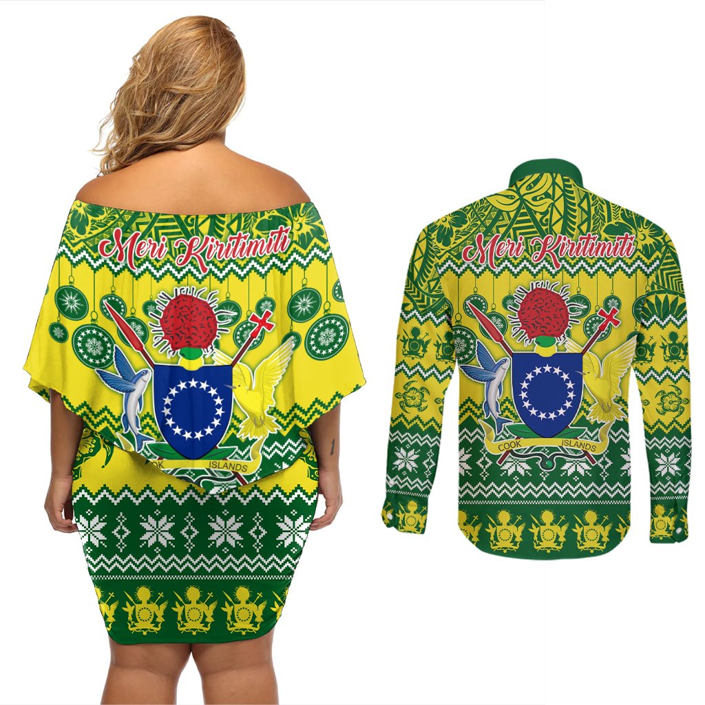 Cook Islands Christmas Couples Matching Off Shoulder Short Dress and Long Sleeve Button Shirt Santa Beach Meri Kiritimiti LT9 - Polynesian Pride