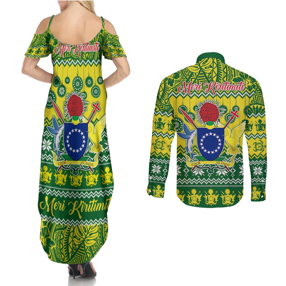 Cook Islands Christmas Couples Matching Summer Maxi Dress and Long Sleeve Button Shirt Santa Beach Meri Kiritimiti LT9 - Polynesian Pride