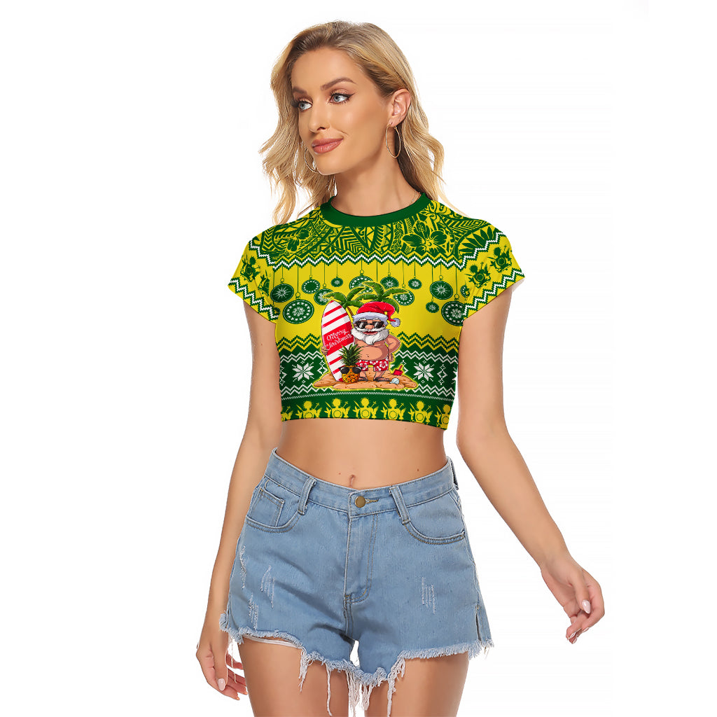 Cook Islands Christmas Raglan Cropped T Shirt Santa Beach Meri Kiritimiti LT9 Female Green - Polynesian Pride