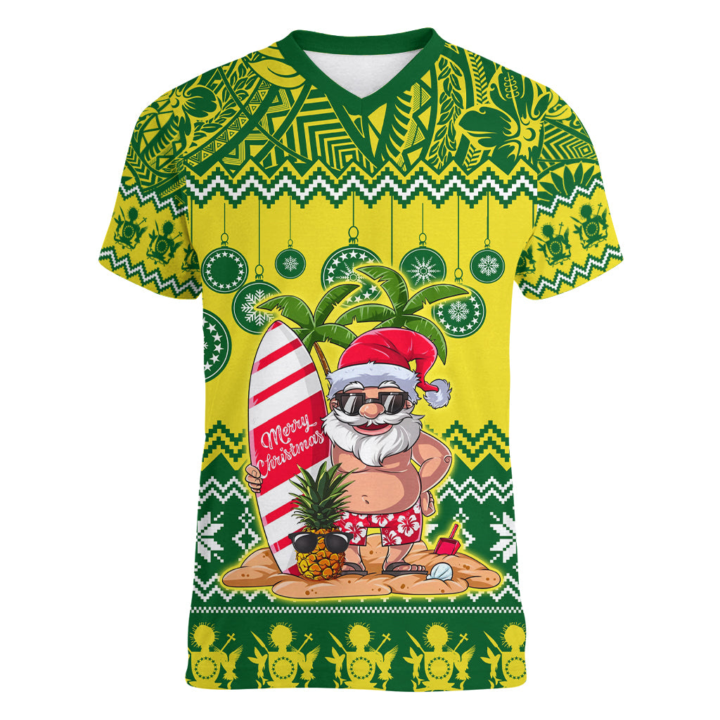 Cook Islands Christmas Women V Neck T Shirt Santa Beach Meri Kiritimiti LT9 Female Green - Polynesian Pride