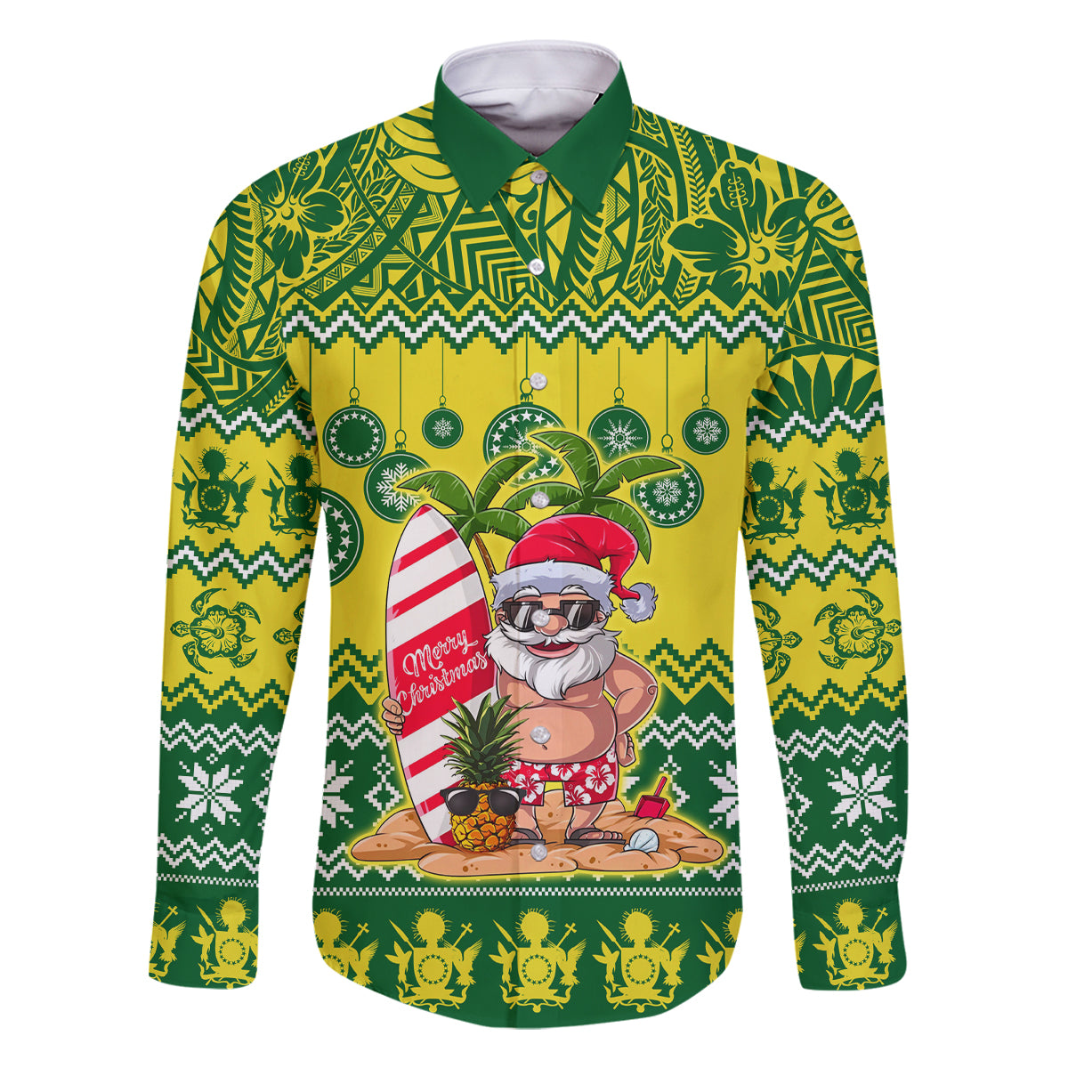 Personalised Cook Islands Christmas Family Matching Long Sleeve Bodycon Dress and Hawaiian Shirt Santa Beach Meri Kiritimiti LT9 Dad's Shirt - Long Sleeve Green - Polynesian Pride