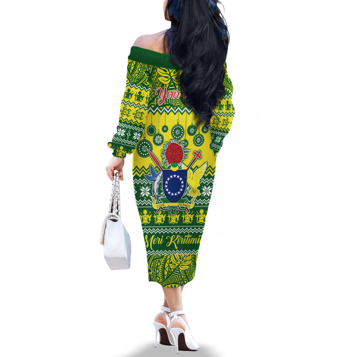 Personalised Cook Islands Christmas Family Matching Off Shoulder Long Sleeve Dress and Hawaiian Shirt Santa Beach Meri Kiritimiti LT9 - Polynesian Pride