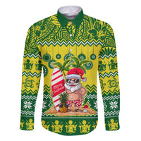 Personalised Cook Islands Christmas Family Matching Off Shoulder Short Dress and Hawaiian Shirt Santa Beach Meri Kiritimiti LT9 Dad's Shirt - Long Sleeve Green - Polynesian Pride