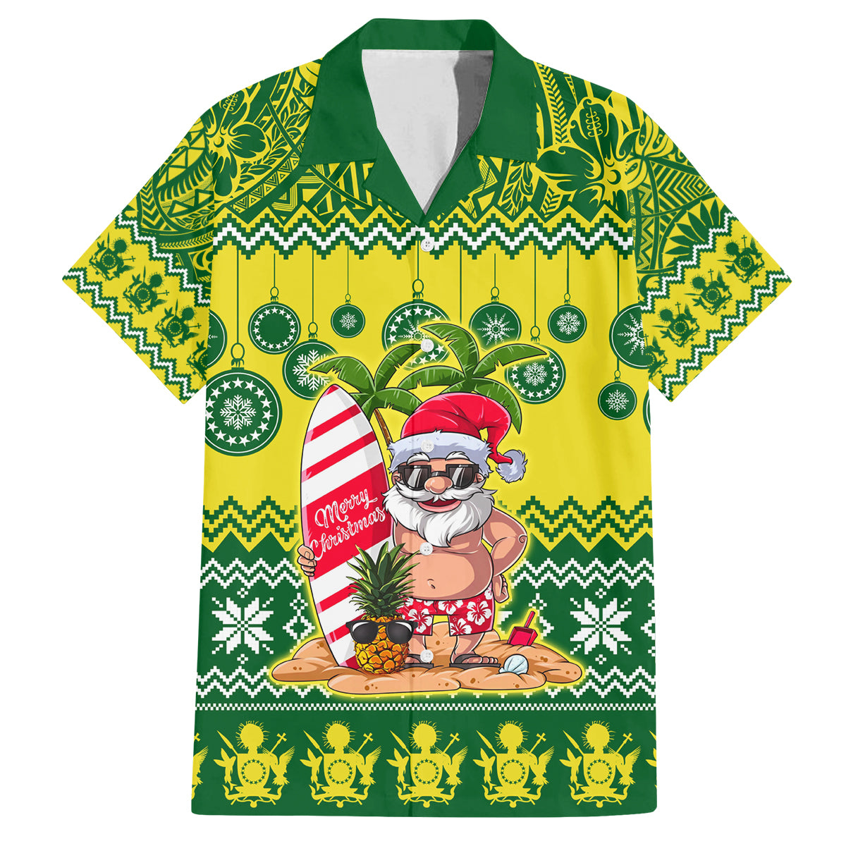 Personalised Cook Islands Christmas Family Matching Tank Maxi Dress and Hawaiian Shirt Santa Beach Meri Kiritimiti LT9 Dad's Shirt - Short Sleeve Green - Polynesian Pride