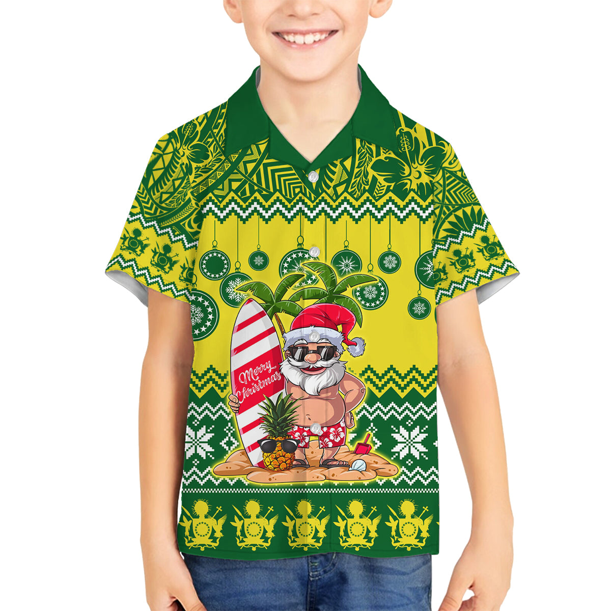 Personalised Cook Islands Christmas Family Matching Tank Maxi Dress and Hawaiian Shirt Santa Beach Meri Kiritimiti LT9 Son's Shirt Green - Polynesian Pride