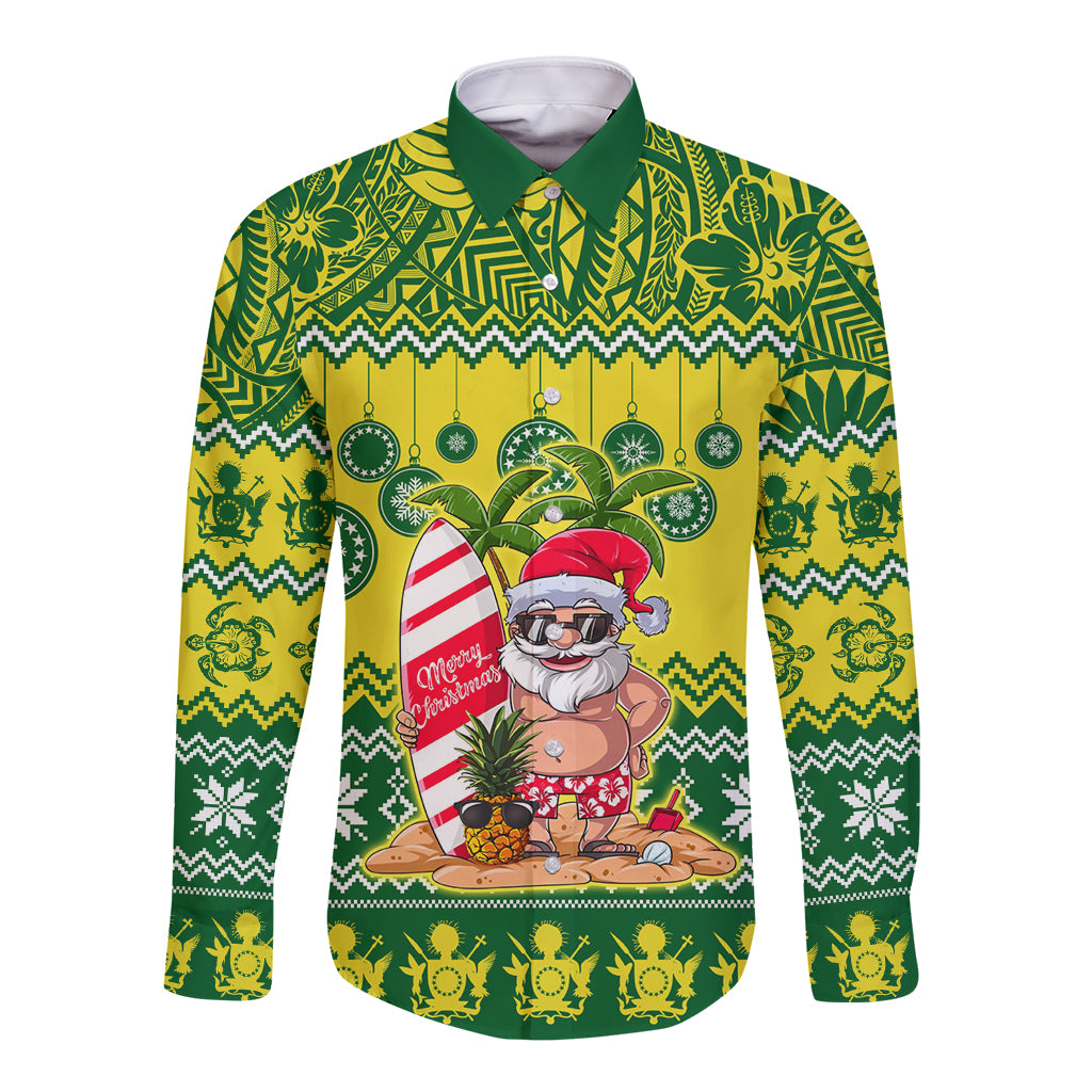 Personalised Cook Islands Christmas Long Sleeve Button Shirt Santa Beach Meri Kiritimiti LT9 Unisex Green - Polynesian Pride