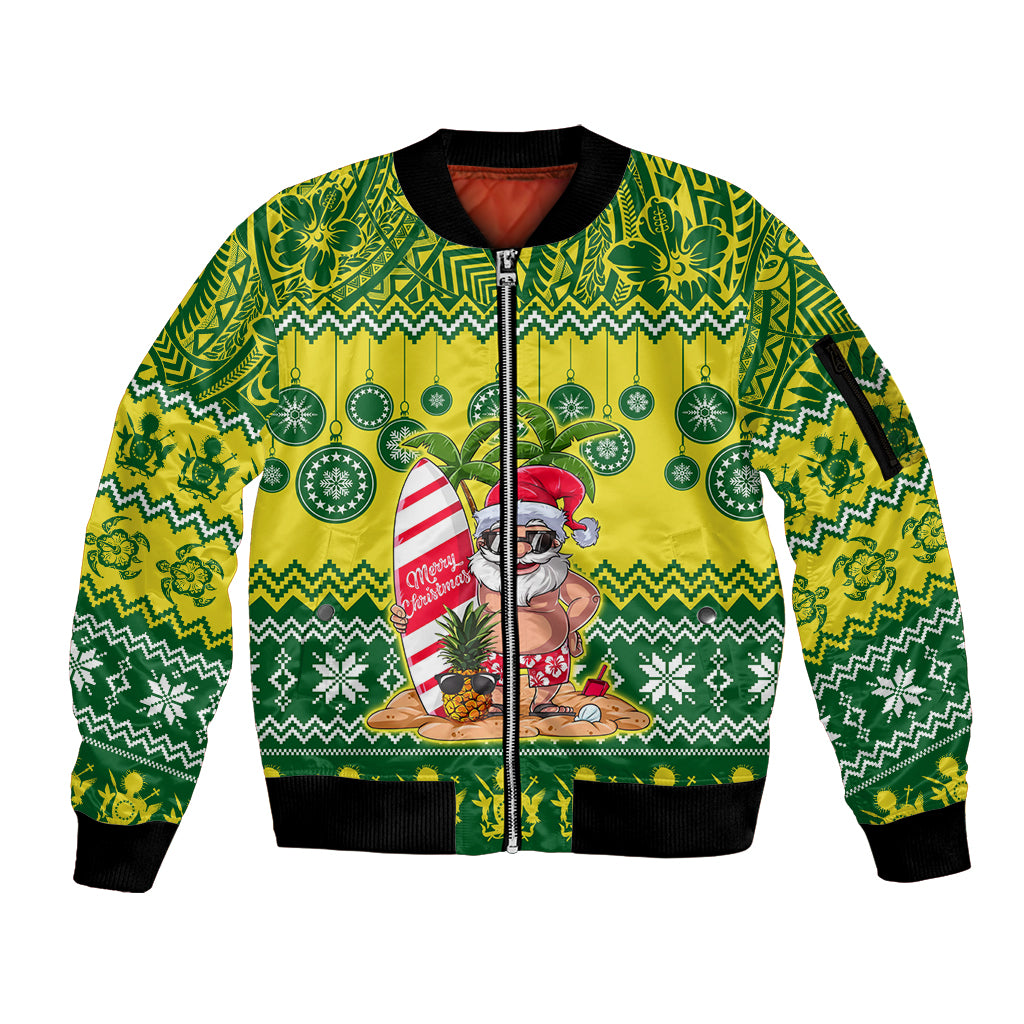 Personalised Cook Islands Christmas Sleeve Zip Bomber Jacket Santa Beach Meri Kiritimiti LT9 Unisex Green - Polynesian Pride