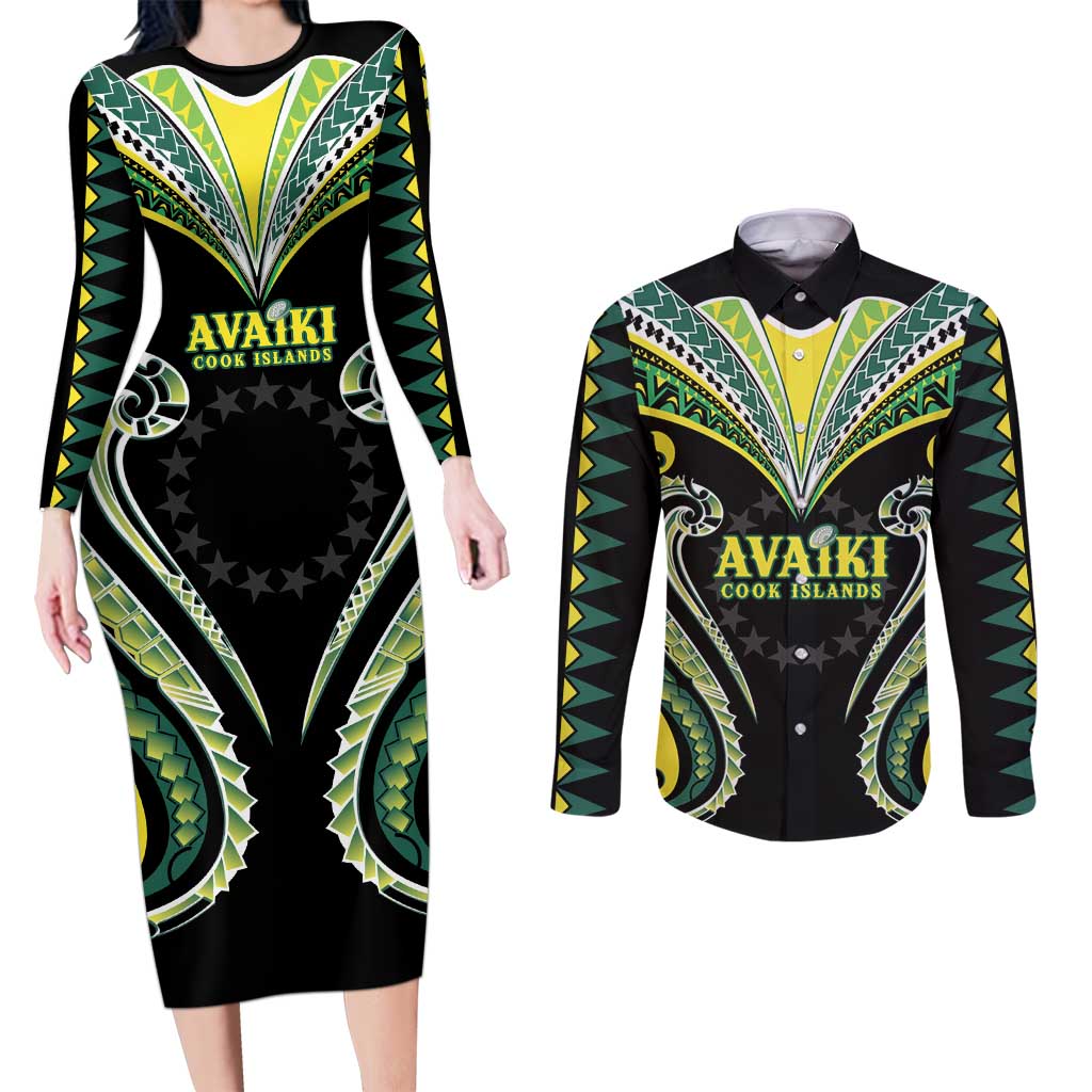 Custom Rugby Cook Islands Avaiki Couples Matching Long Sleeve Bodycon Dress and Long Sleeve Button Shirt Black Kuki Airani Tribal Maori Inspired LT9 Black - Polynesian Pride