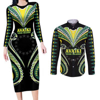 Custom Rugby Cook Islands Avaiki Couples Matching Long Sleeve Bodycon Dress and Long Sleeve Button Shirt Black Kuki Airani Tribal Maori Inspired LT9 Black - Polynesian Pride
