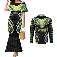 Custom Rugby Cook Islands Avaiki Couples Matching Mermaid Dress and Long Sleeve Button Shirt Black Kuki Airani Tribal Maori Inspired LT9 Black - Polynesian Pride