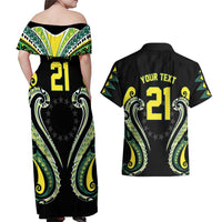 Custom Rugby Cook Islands Avaiki Couples Matching Off Shoulder Maxi Dress and Hawaiian Shirt Black Kuki Airani Tribal Maori Inspired LT9 - Polynesian Pride