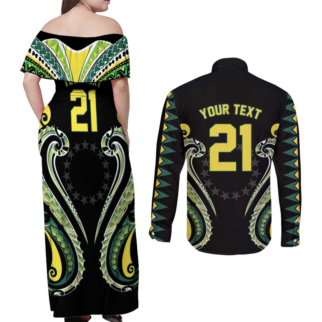 Custom Rugby Cook Islands Avaiki Couples Matching Off Shoulder Maxi Dress and Long Sleeve Button Shirt Black Kuki Airani Tribal Maori Inspired LT9 - Polynesian Pride