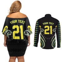 Custom Rugby Cook Islands Avaiki Couples Matching Off Shoulder Short Dress and Long Sleeve Button Shirt Black Kuki Airani Tribal Maori Inspired LT9 - Polynesian Pride