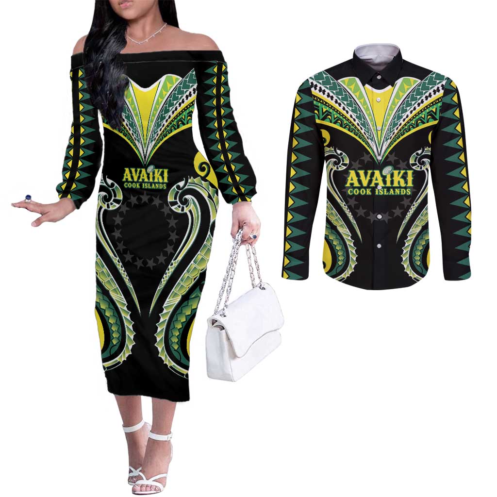 Custom Rugby Cook Islands Avaiki Couples Matching Off The Shoulder Long Sleeve Dress and Long Sleeve Button Shirt Black Kuki Airani Tribal Maori Inspired LT9 Black - Polynesian Pride