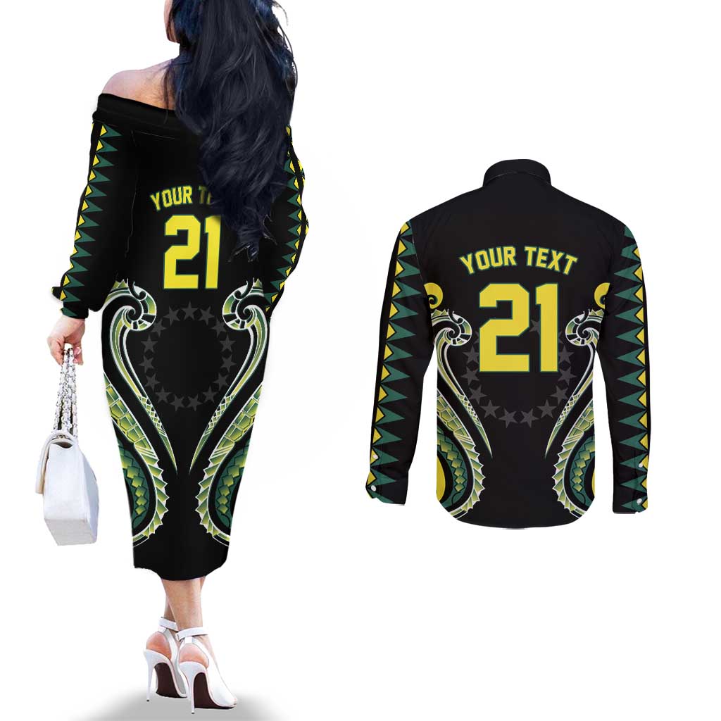 Custom Rugby Cook Islands Avaiki Couples Matching Off The Shoulder Long Sleeve Dress and Long Sleeve Button Shirt Black Kuki Airani Tribal Maori Inspired LT9 - Polynesian Pride