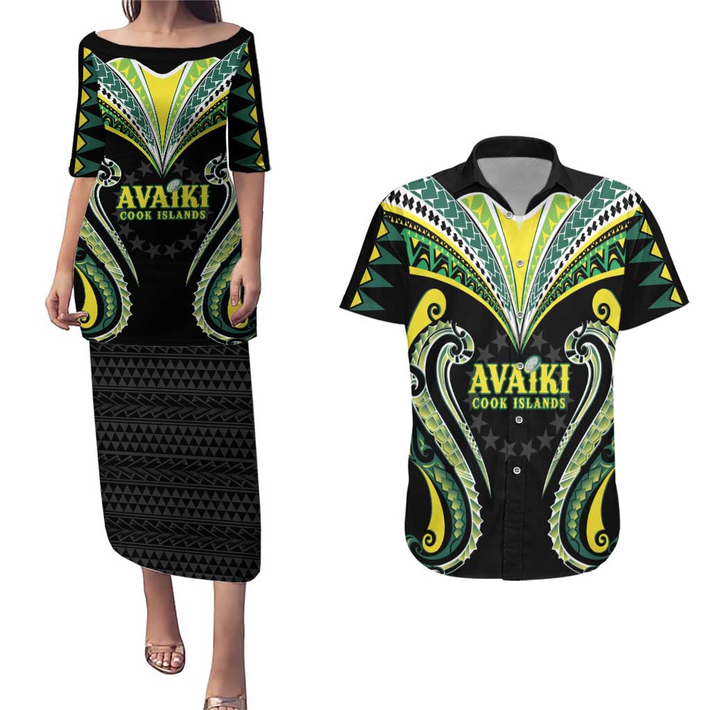 Custom Rugby Cook Islands Avaiki Couples Matching Puletasi and Hawaiian Shirt Black Kuki Airani Tribal Maori Inspired LT9 Black - Polynesian Pride