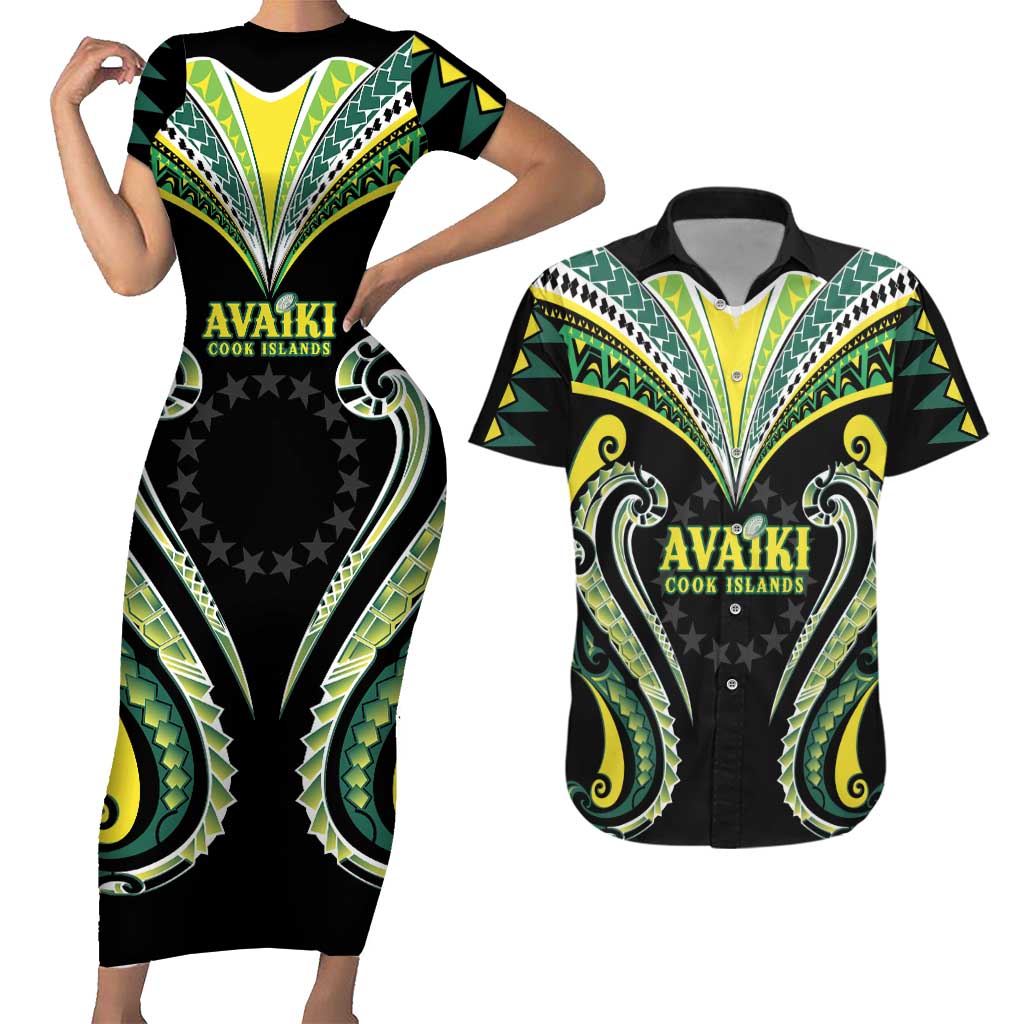 Custom Rugby Cook Islands Avaiki Couples Matching Short Sleeve Bodycon Dress and Hawaiian Shirt Black Kuki Airani Tribal Maori Inspired LT9 Black - Polynesian Pride