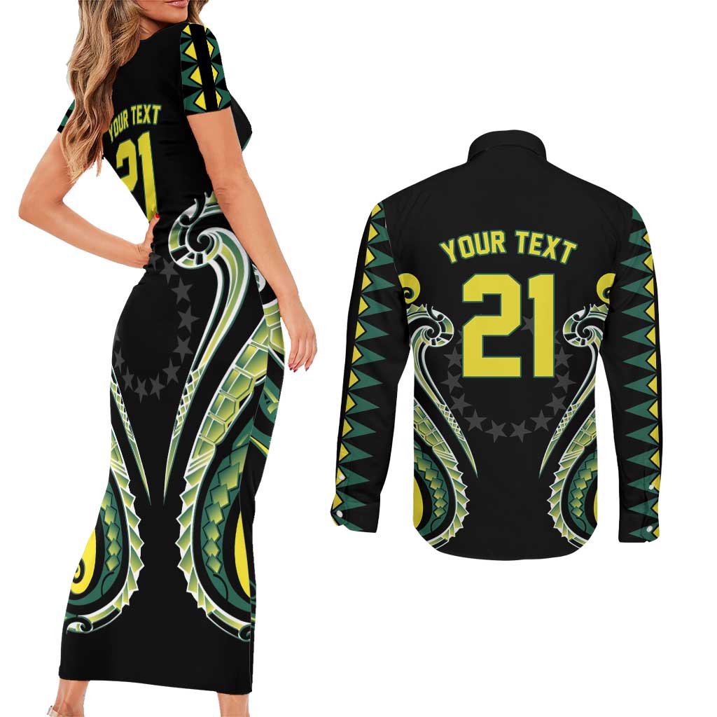 Custom Rugby Cook Islands Avaiki Couples Matching Short Sleeve Bodycon Dress and Long Sleeve Button Shirt Black Kuki Airani Tribal Maori Inspired LT9 - Polynesian Pride