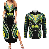Custom Rugby Cook Islands Avaiki Couples Matching Summer Maxi Dress and Long Sleeve Button Shirt Black Kuki Airani Tribal Maori Inspired LT9 Black - Polynesian Pride