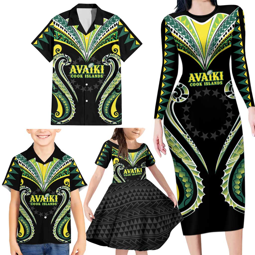 Custom Rugby Cook Islands Avaiki Family Matching Long Sleeve Bodycon Dress and Hawaiian Shirt Black Kuki Airani Tribal Maori Inspired LT9 - Polynesian Pride