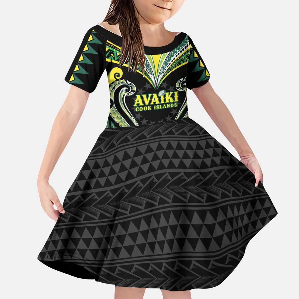 Custom Rugby Cook Islands Avaiki Family Matching Mermaid Dress and Hawaiian Shirt Black Kuki Airani Tribal Maori Inspired LT9 Daughter's Dress Black - Polynesian Pride