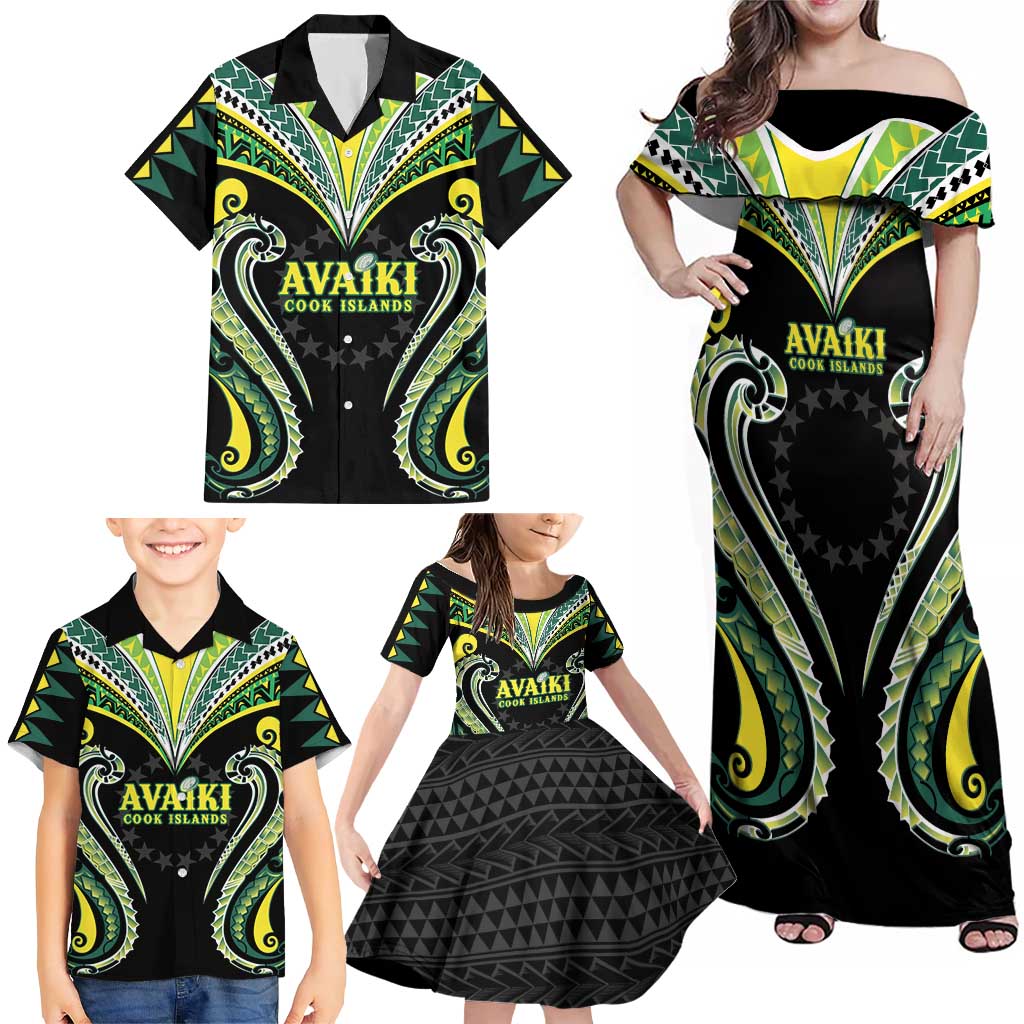 Custom Rugby Cook Islands Avaiki Family Matching Off Shoulder Maxi Dress and Hawaiian Shirt Black Kuki Airani Tribal Maori Inspired LT9 - Polynesian Pride