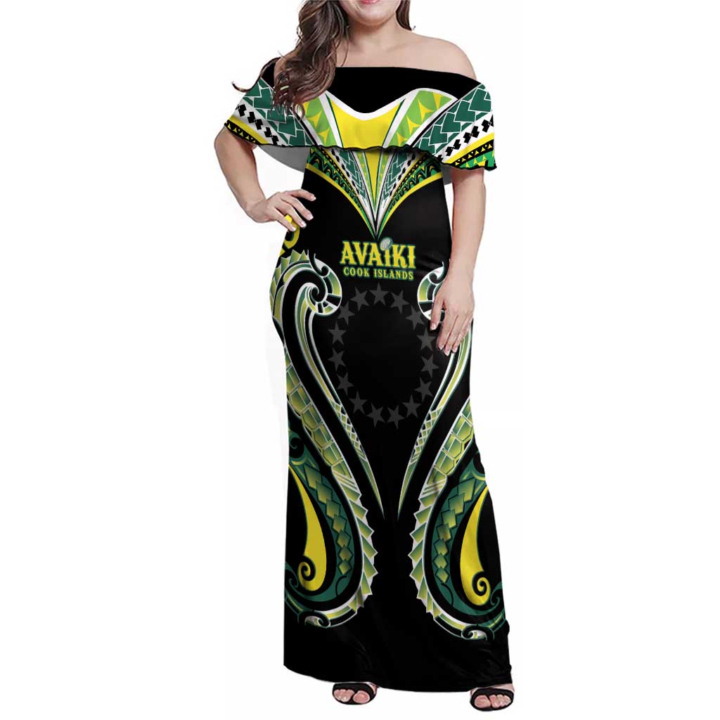 Custom Rugby Cook Islands Avaiki Family Matching Off Shoulder Maxi Dress and Hawaiian Shirt Black Kuki Airani Tribal Maori Inspired LT9 Mom's Dress Black - Polynesian Pride