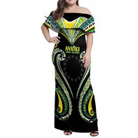 Custom Rugby Cook Islands Avaiki Family Matching Off Shoulder Maxi Dress and Hawaiian Shirt Black Kuki Airani Tribal Maori Inspired LT9 Mom's Dress Black - Polynesian Pride