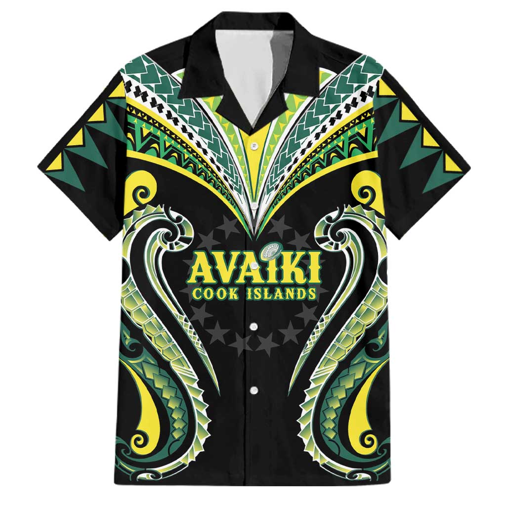 Custom Rugby Cook Islands Avaiki Family Matching Off Shoulder Short Dress and Hawaiian Shirt Black Kuki Airani Tribal Maori Inspired LT9 Dad's Shirt - Short Sleeve Black - Polynesian Pride
