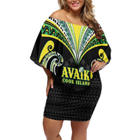 Custom Rugby Cook Islands Avaiki Family Matching Off Shoulder Short Dress and Hawaiian Shirt Black Kuki Airani Tribal Maori Inspired LT9 Mom's Dress Black - Polynesian Pride